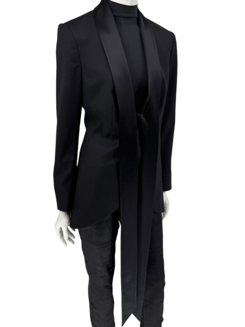 Pamella Roland Black Satin Tie Front Tuxedo Blazer Jacket - Large