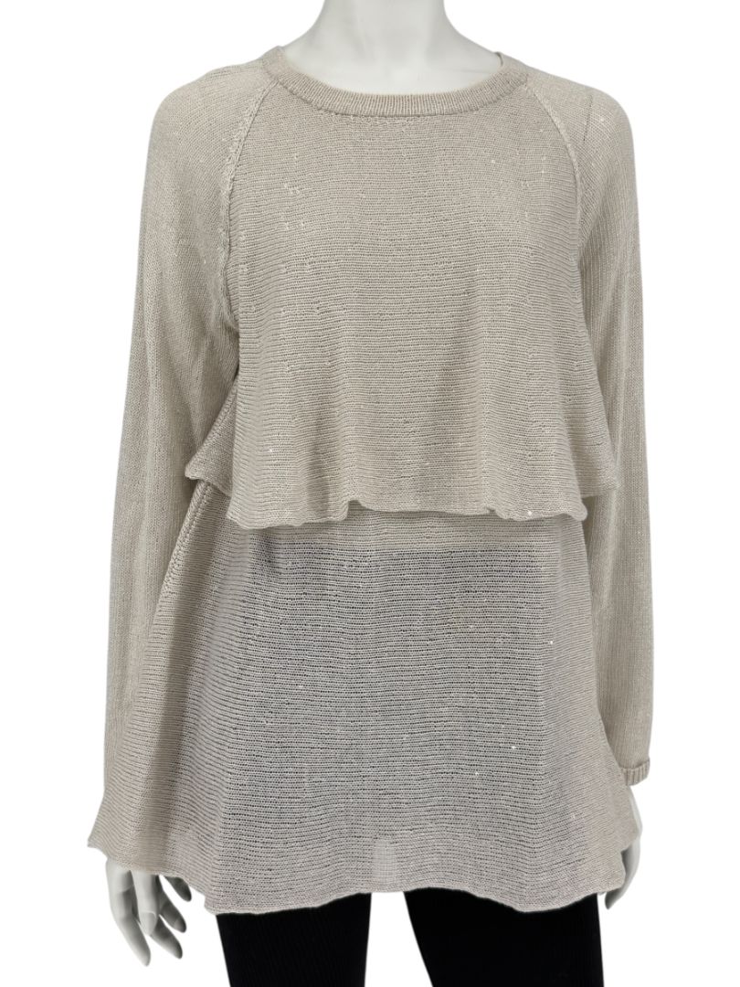 Brunello Cucinelli Beige Layered Linen & Silk Sequin Sweater – Size XL