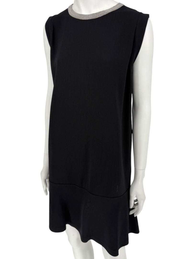 Brunello Cucinelli Black Wool Viscose Sleeveless Shift Dress Monili Beaded Collar - Large