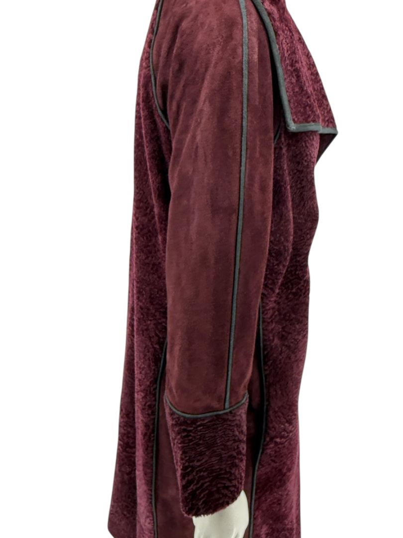 Pamella Roland Burgundy Shearling Cape Style Jacket with Leather Trim – Large