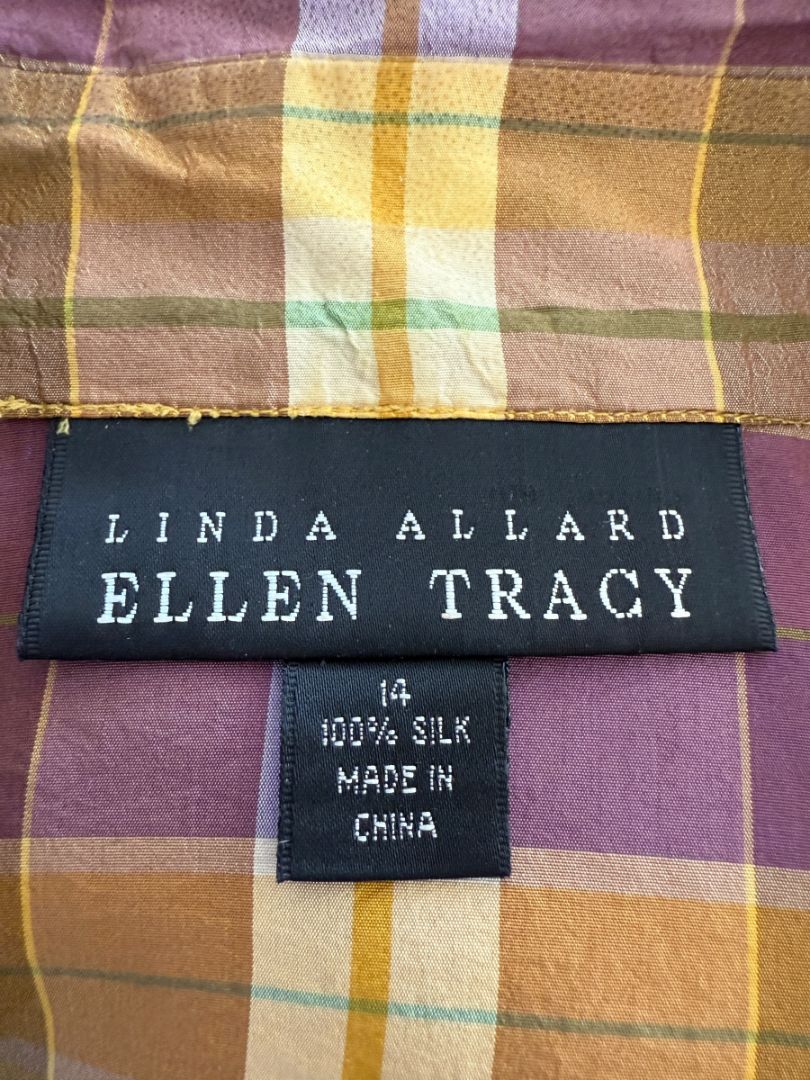 Linda Allard for Ellen Tracy 100% Silk Plaid Button-Up Shirt – Size 14