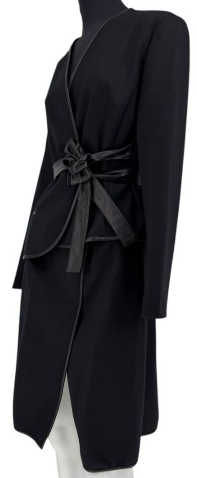 Douglas Hannant Black Wool Wrap Jacket with Nappa Leather Trim – Size 14