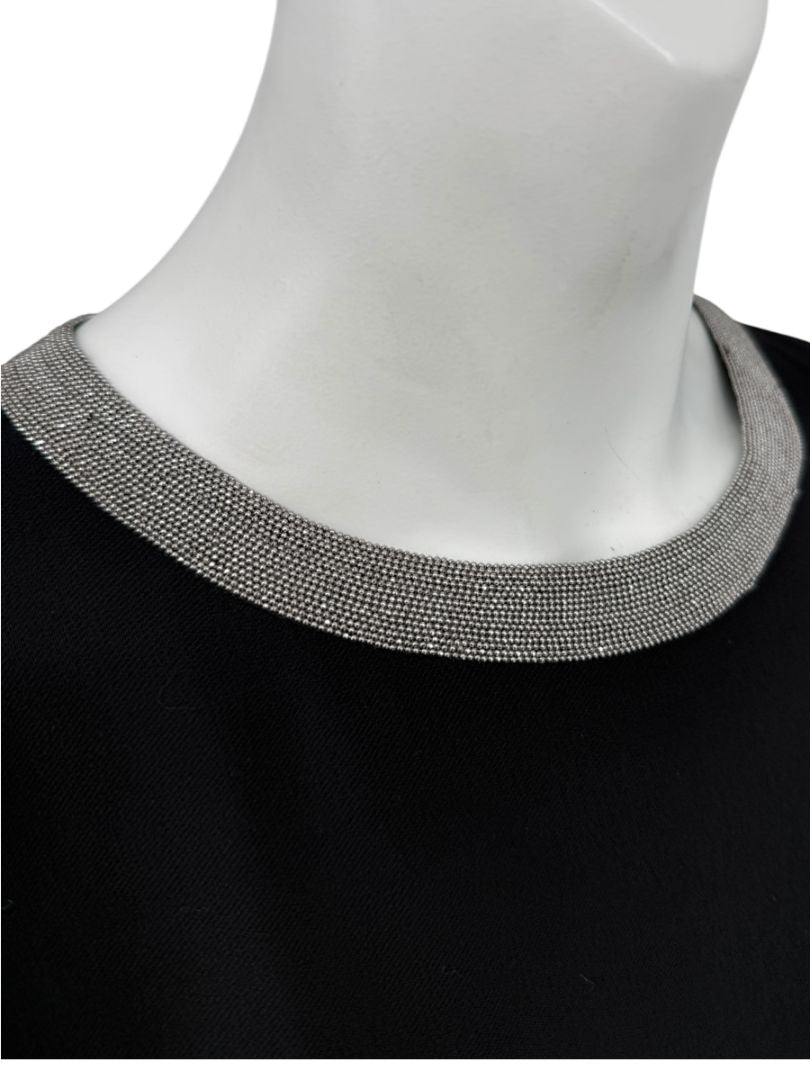 Brunello Cucinelli Black Wool Viscose Sleeveless Shift Dress Monili Beaded Collar - Large