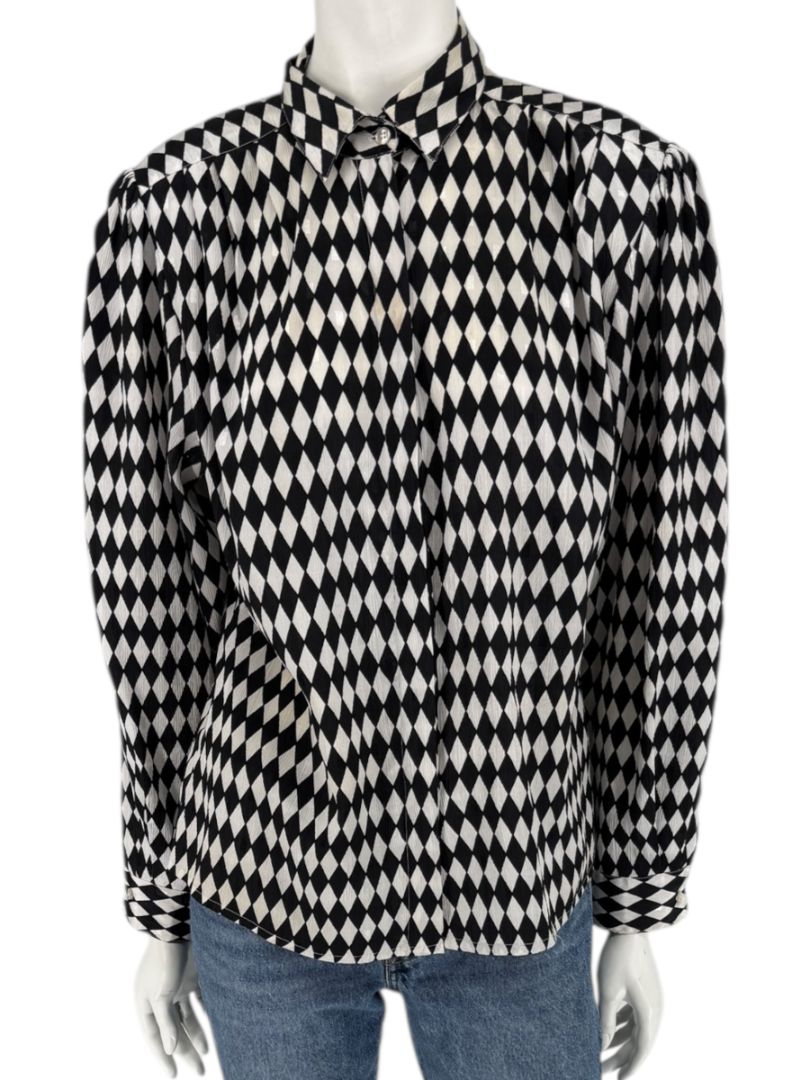 Cygnet Black & Ivory Harlequin Print Button-Up Blouse – Size 13