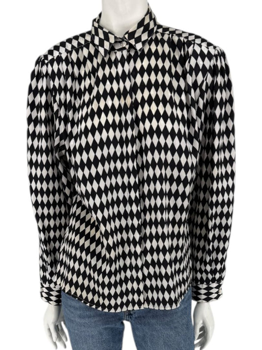 Cygnet Black & Ivory Harlequin Print Button-Up Blouse – Size 13