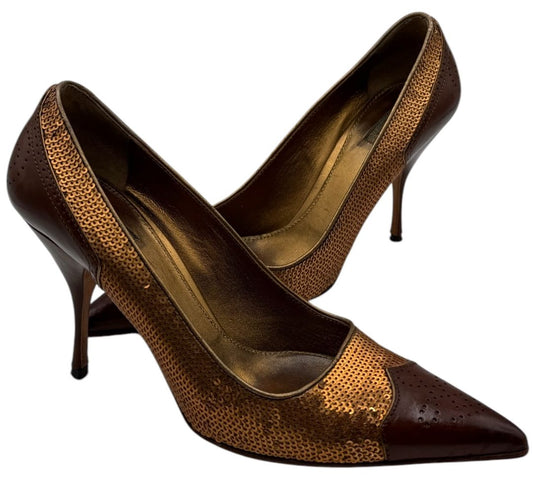 Prada Brown Leather & Sequin Pointed Toe Pumps – Size 36.5 – Good Preowned Condition