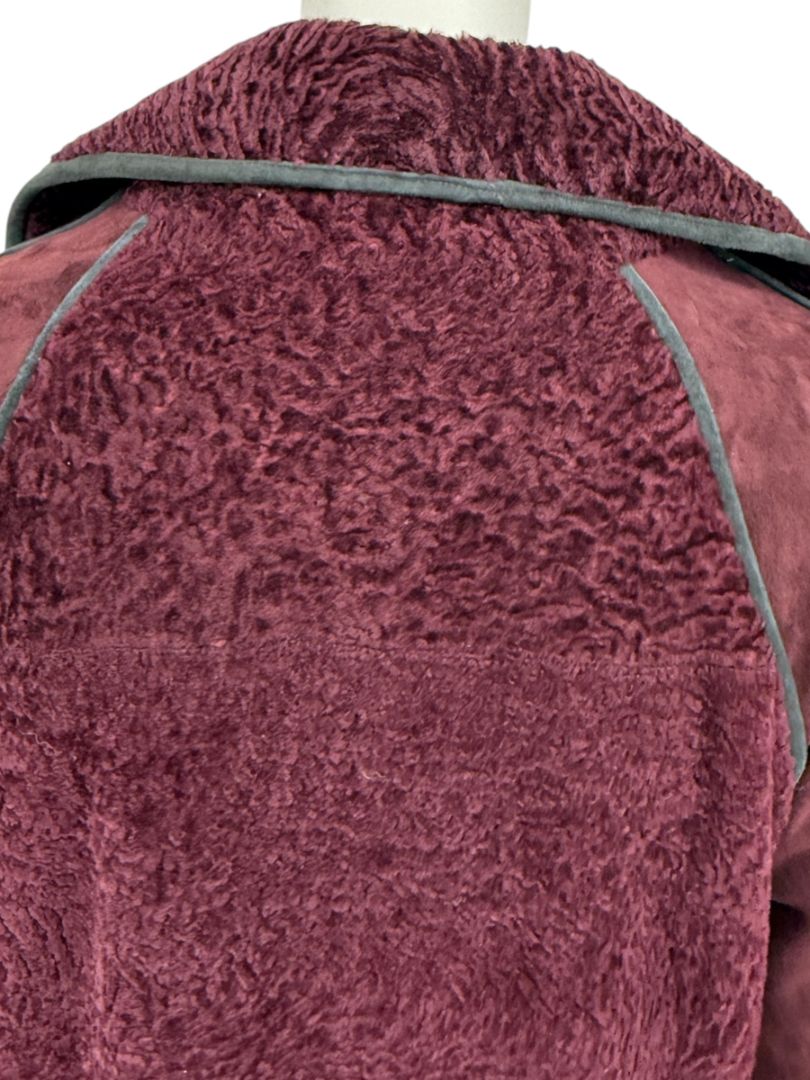 Pamella Roland Burgundy Shearling Cape Style Jacket with Leather Trim – Large