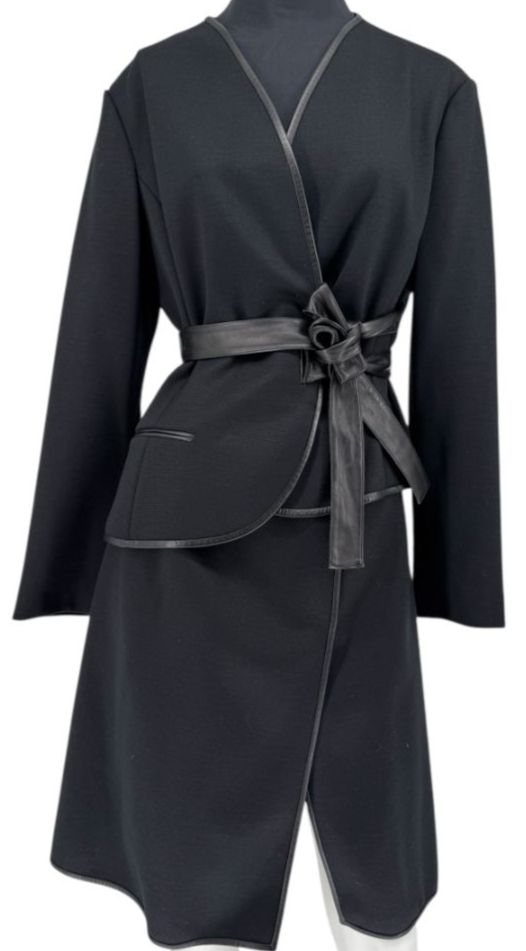 Douglas Hannant Black Wool Wrap Jacket with Nappa Leather Trim – Size 14
