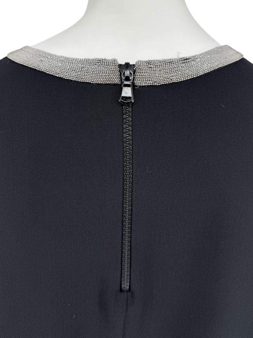 Brunello Cucinelli Black Wool Viscose Sleeveless Shift Dress Monili Beaded Collar - Large