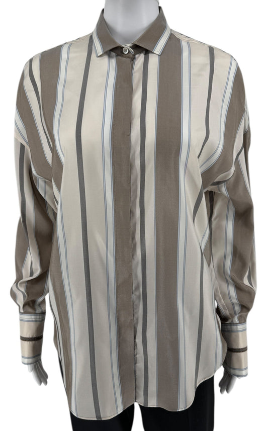 Brunello Cucinelli Italian Silk Striped Shirt with Monili Trim – Size M