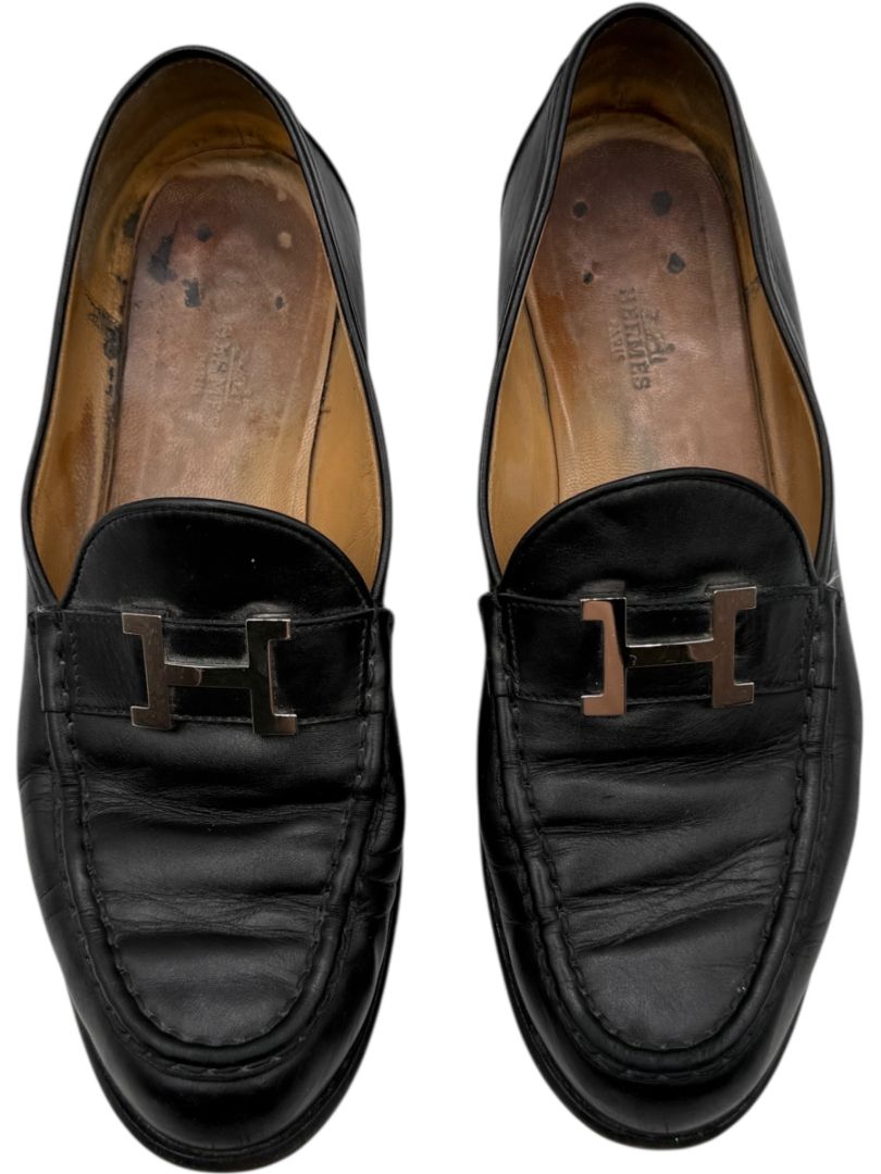 Hermès Black Leather H Logo Loafers – Size 41