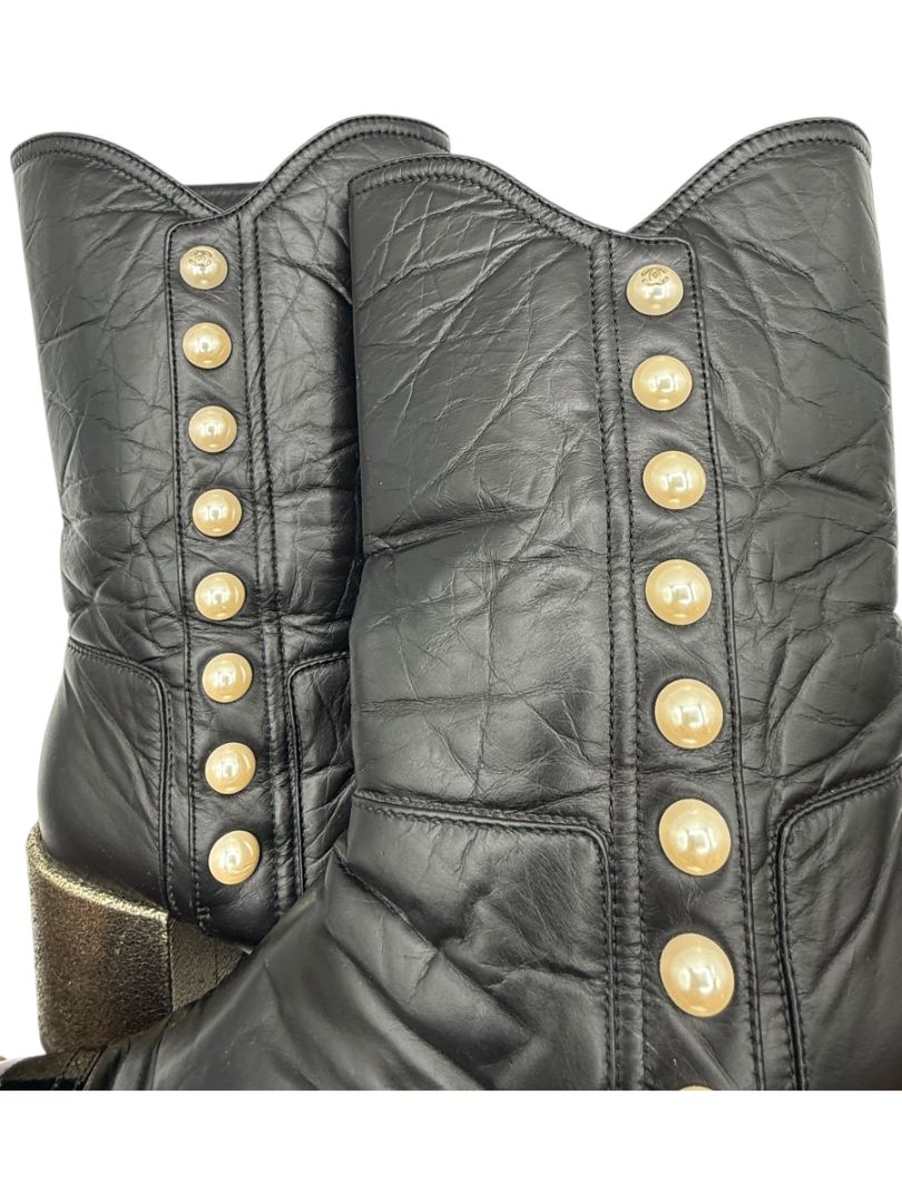 Chanel Black Leather & Patent Cap Toe Boots with Pearl Button Detail – Size 41