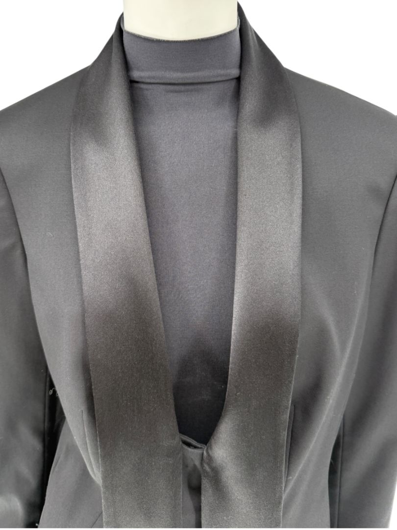 Pamella Roland Black Satin Tie Front Tuxedo Blazer Jacket - Large