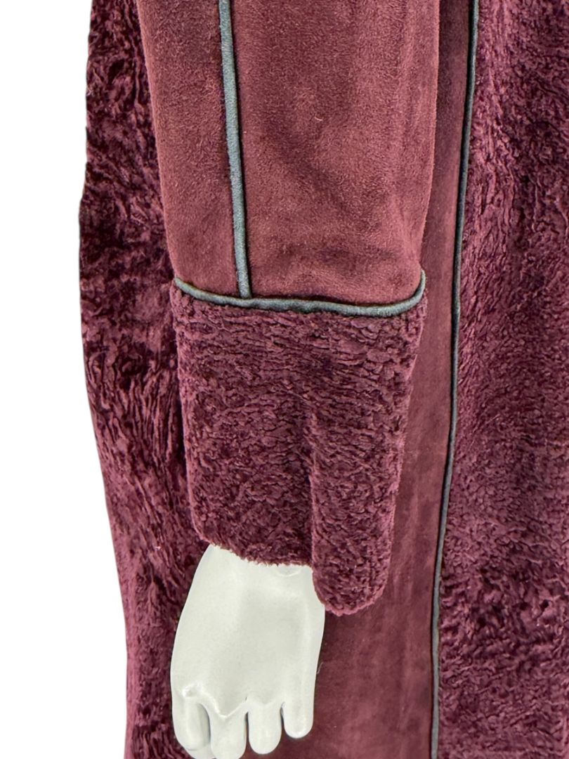 Pamella Roland Burgundy Shearling Cape Style Jacket with Leather Trim – Large