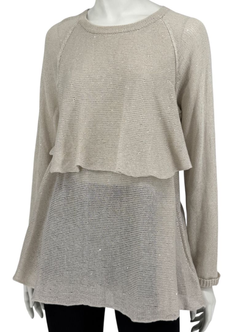 Brunello Cucinelli Beige Layered Linen & Silk Sequin Sweater – Size XL