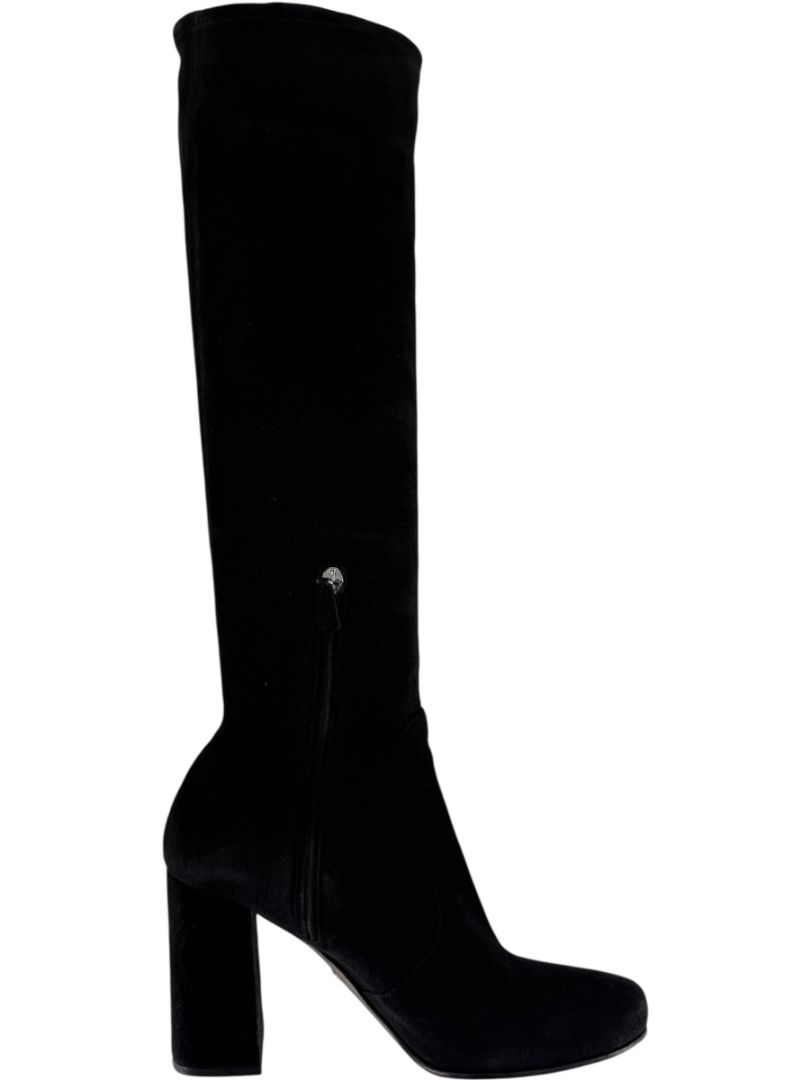 Prada Black Suede Block Heel Knee Boots – Size 39