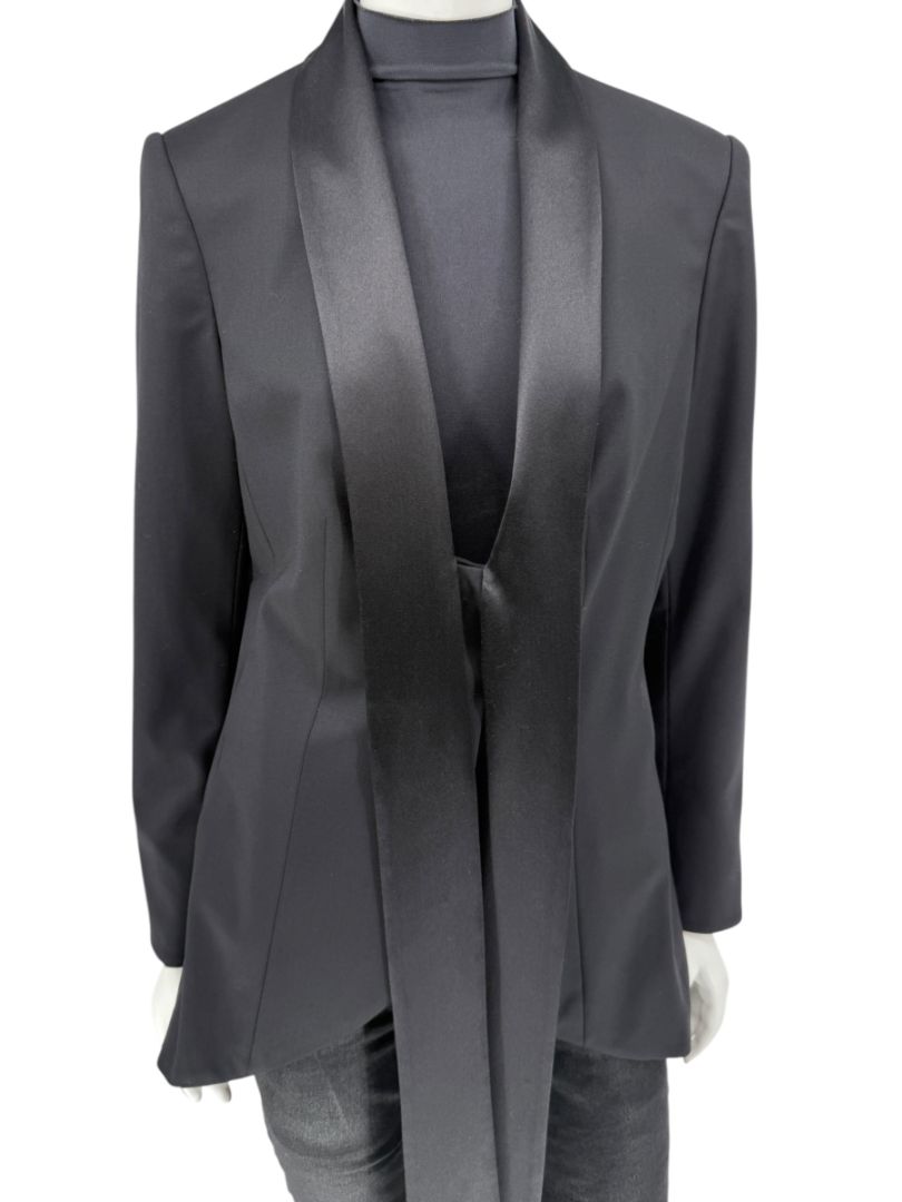 Pamella Roland Black Satin Tie Front Tuxedo Blazer Jacket - Large