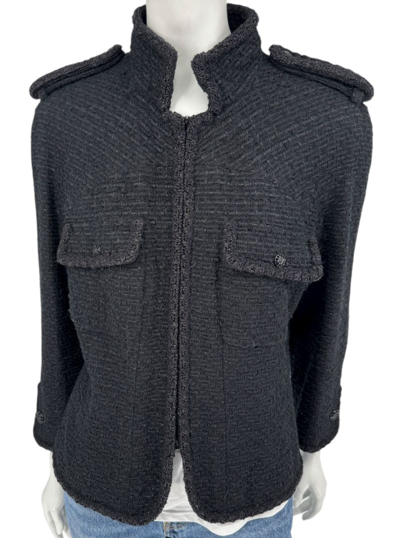 Chanel Women’s Black Textured Tweed Military-Inspired Jacket – Size 44