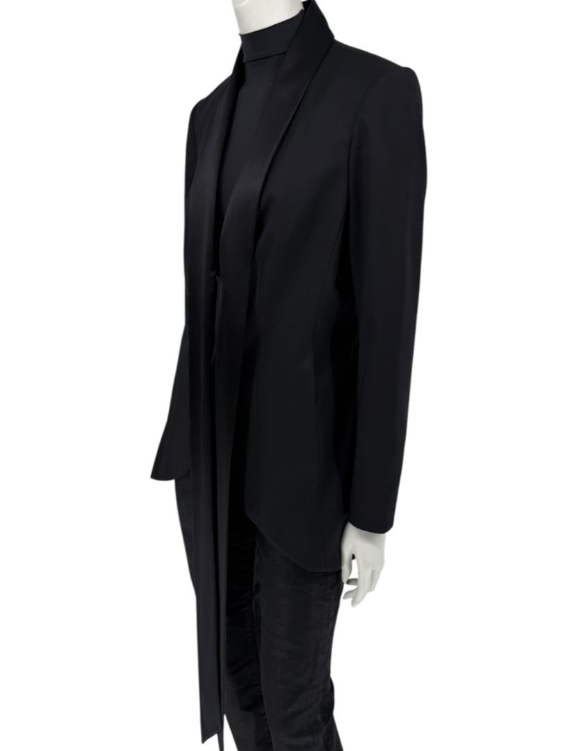 Pamella Roland Black Satin Tie Front Tuxedo Blazer Jacket - Large
