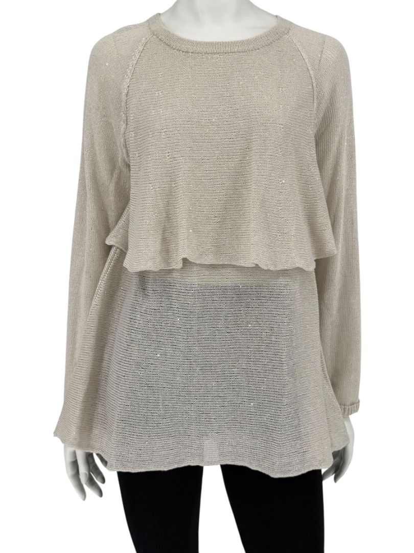 Brunello Cucinelli Beige Layered Linen & Silk Sequin Sweater – Size XL