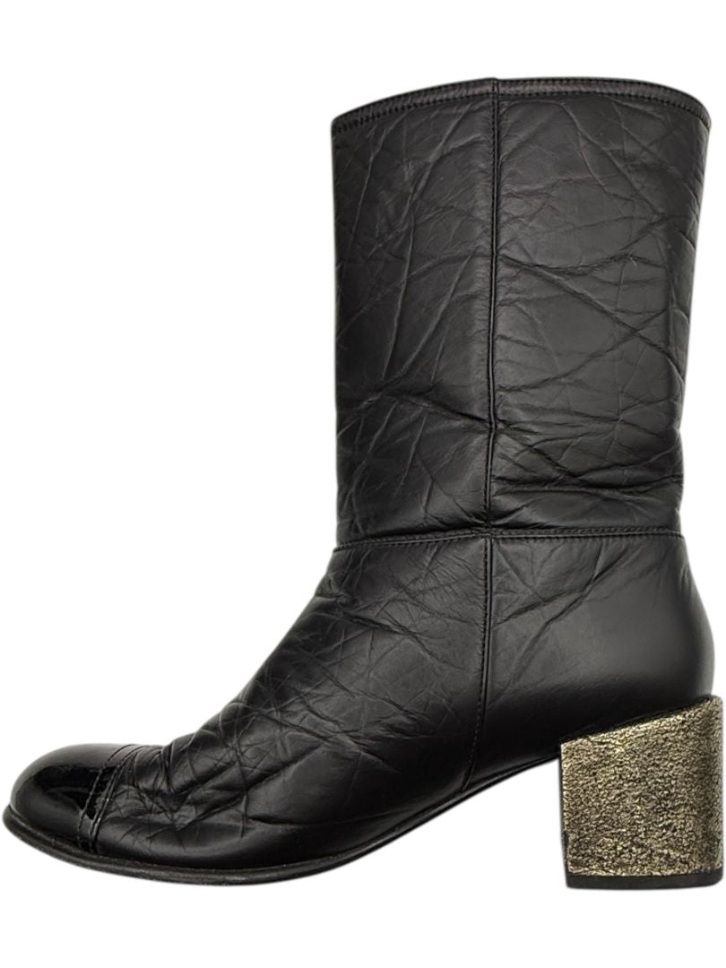 Chanel Black Leather & Patent Cap Toe Boots with Pearl Button Detail – Size 41