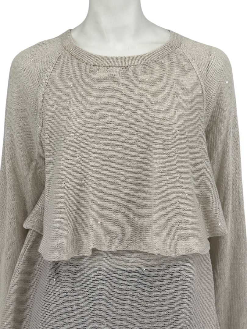 Brunello Cucinelli Beige Layered Linen & Silk Sequin Sweater – Size XL