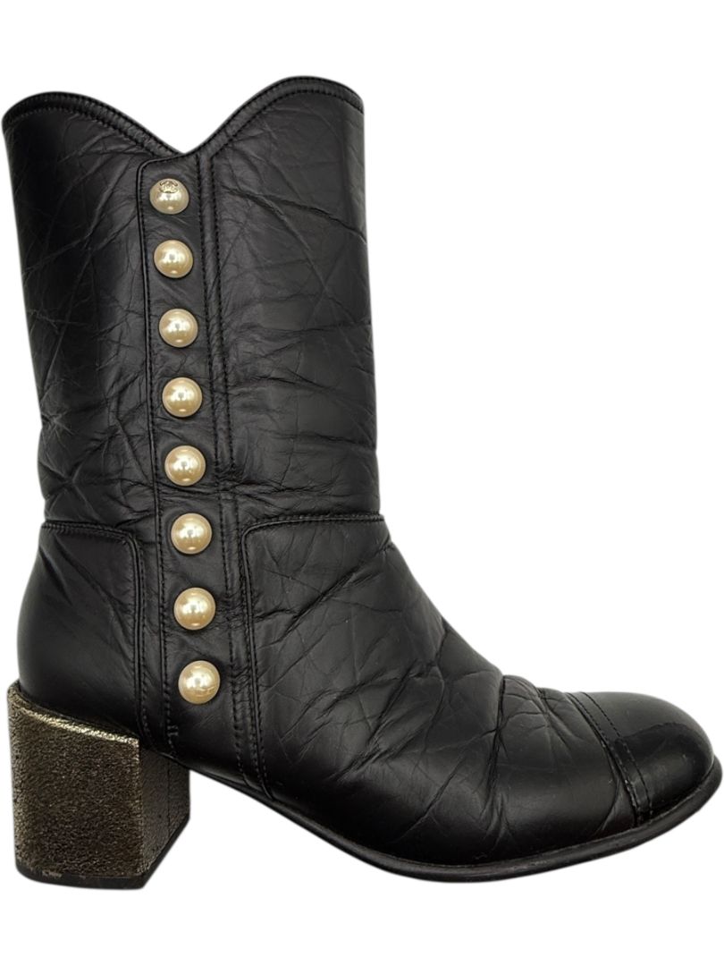 Chanel Black Leather & Patent Cap Toe Boots with Pearl Button Detail – Size 41