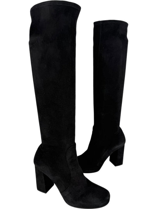 Prada Black Suede Block Heel Knee Boots – Size 39