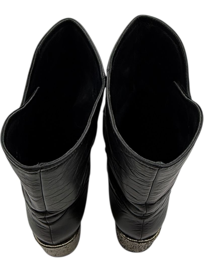 Chanel Black Leather & Patent Cap Toe Boots with Pearl Button Detail – Size 41