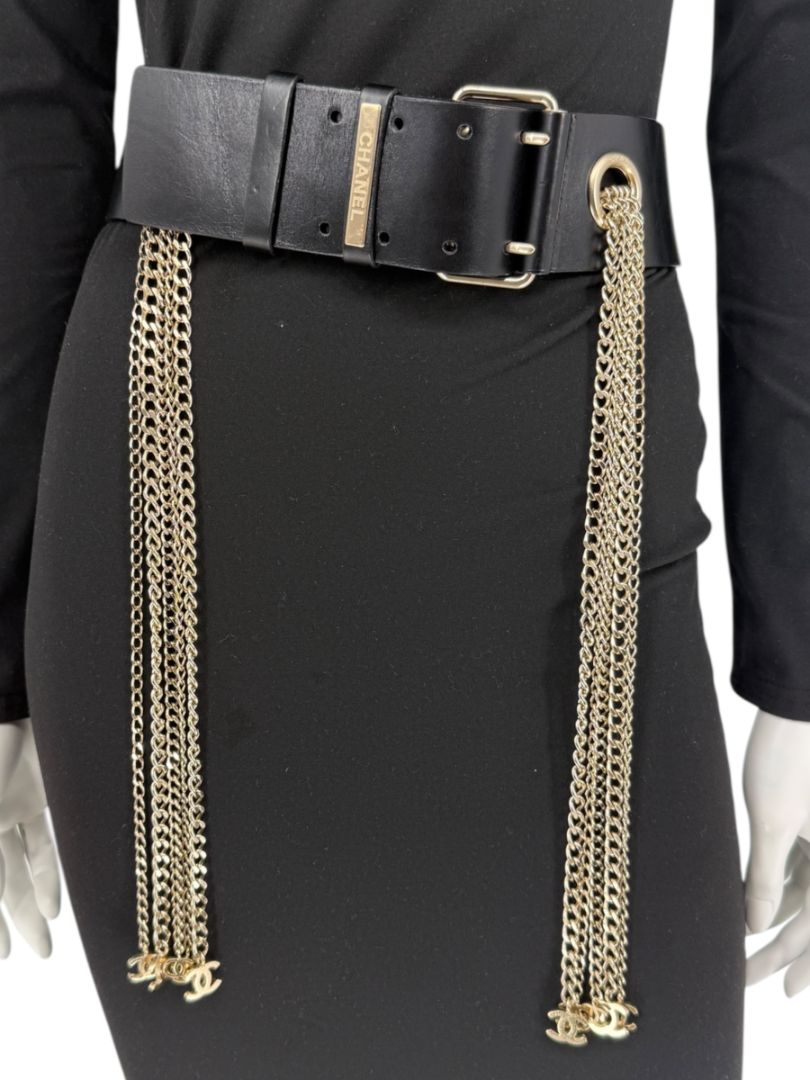 Chanel Spring 2008 Black Leather Gold Chain Accent Belt – Size 90/36