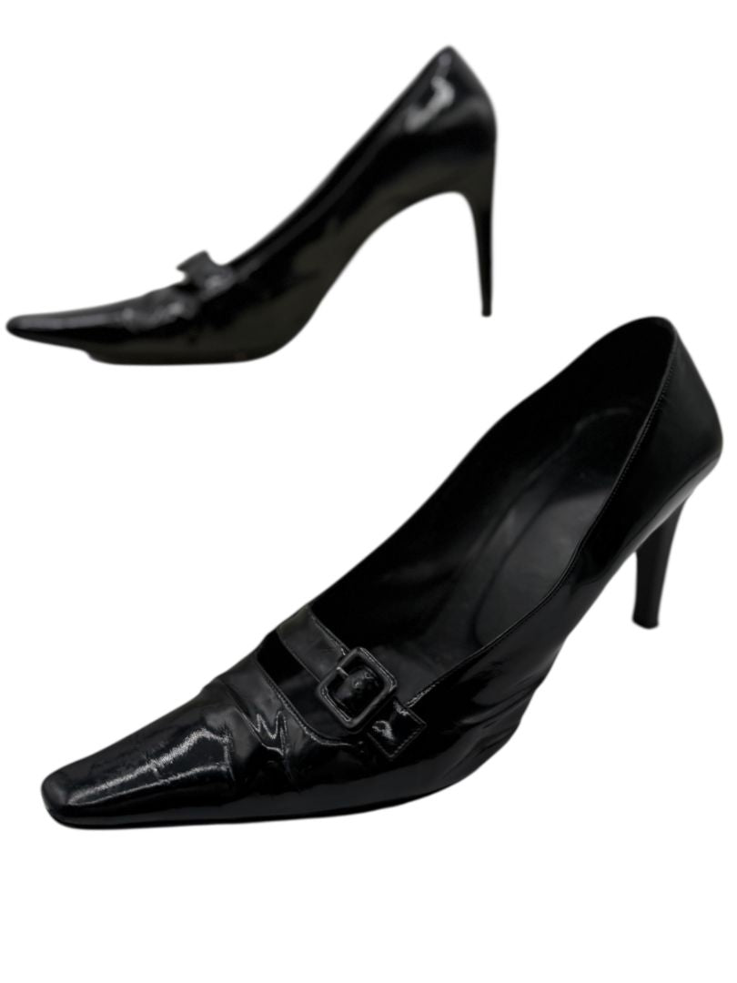 Vera Wang Black Patent Leather Buckle Heels – Size 10