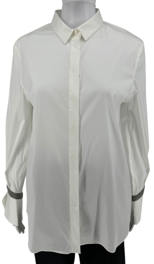 Brunello Cucinelli White Cotton Shirt with Monili Trim – Size L