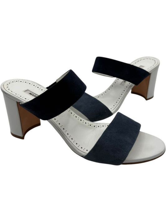 Manolo Blahnik Black Suede & White Leather Sandals - Size 39.5