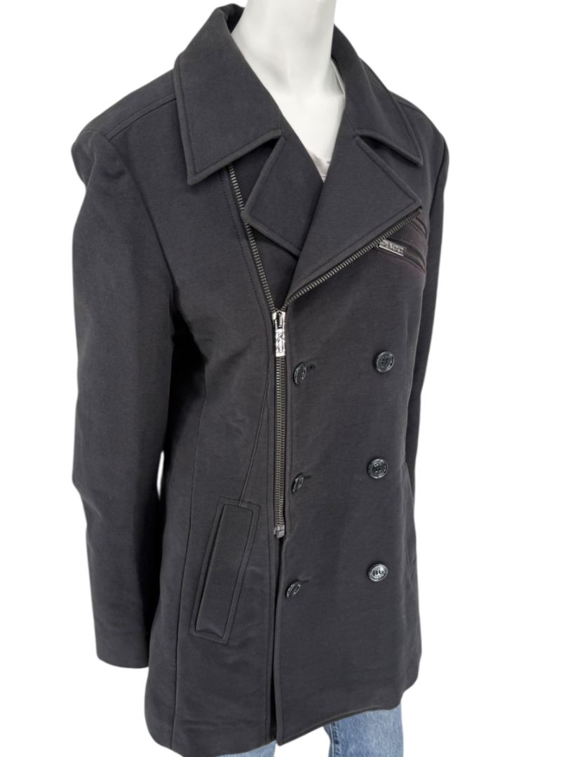 VJC Black Double-Breasted Asymmetric Zip Coat – Size 50