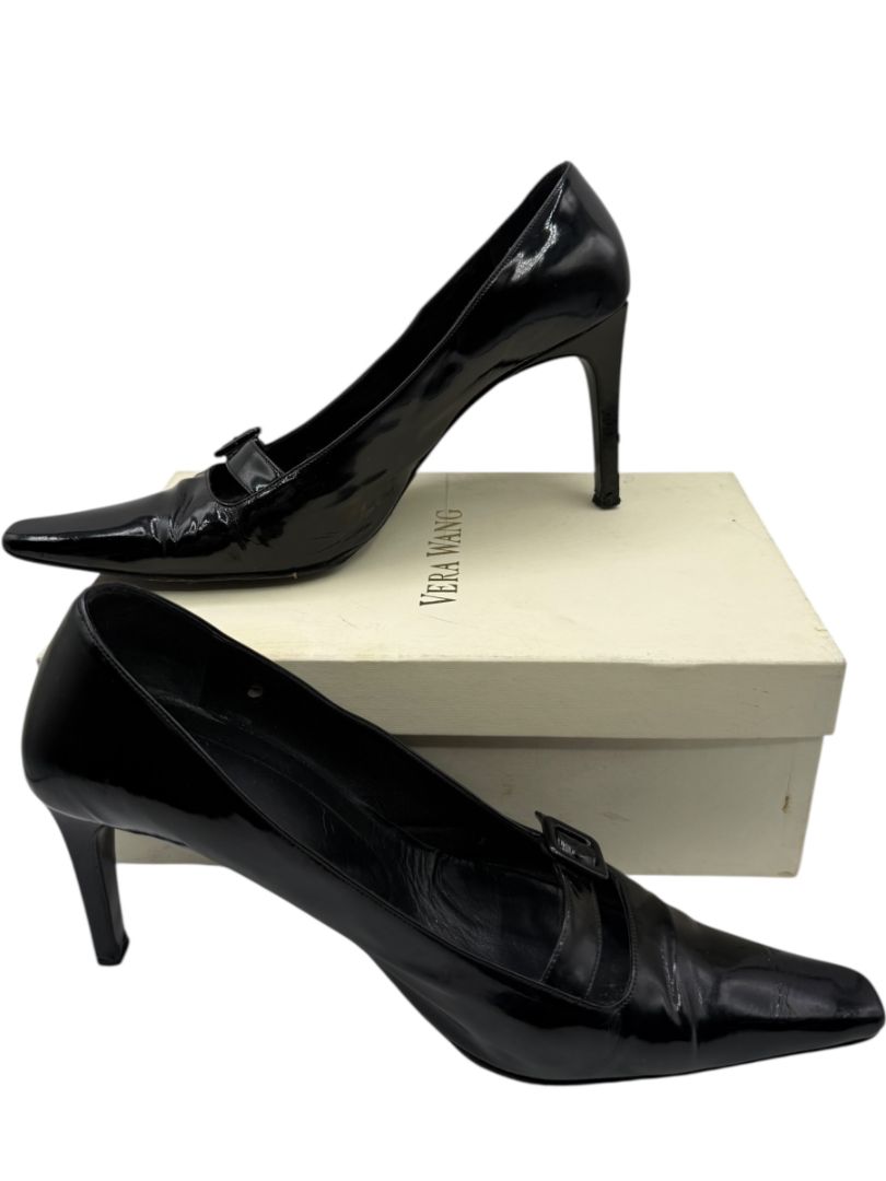 Vera Wang Black Patent Leather Buckle Heels – Size 10
