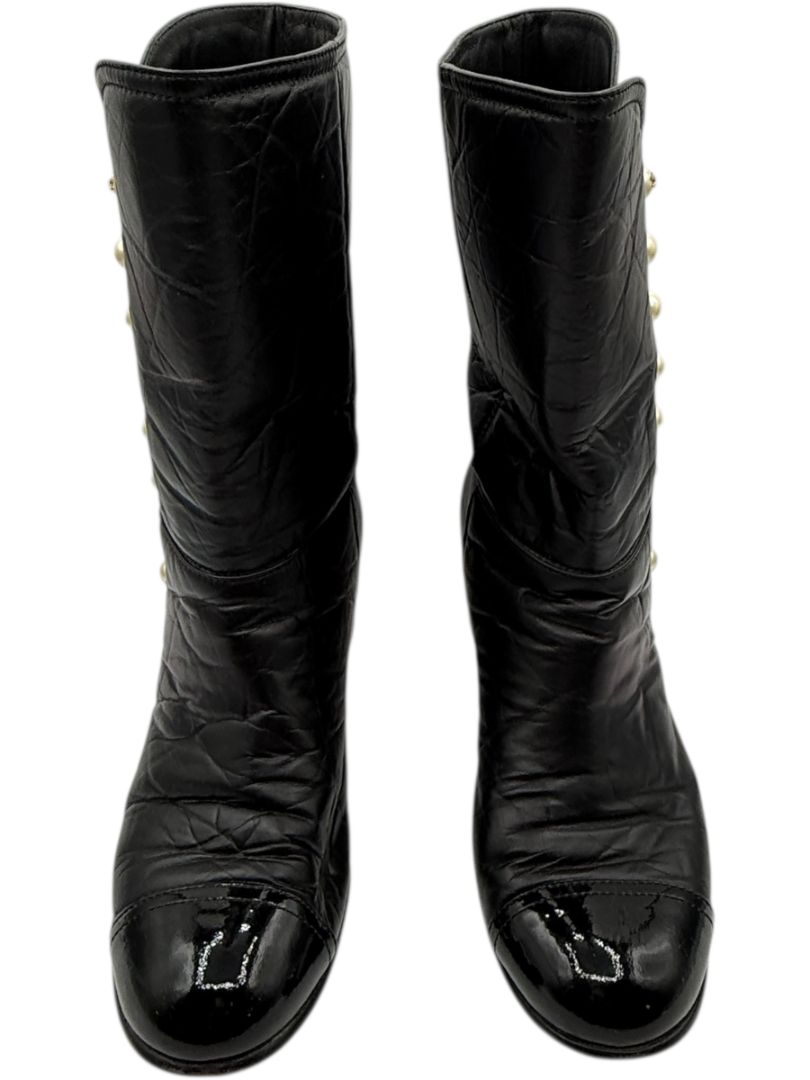 Chanel Black Leather & Patent Cap Toe Boots with Pearl Button Detail – Size 41