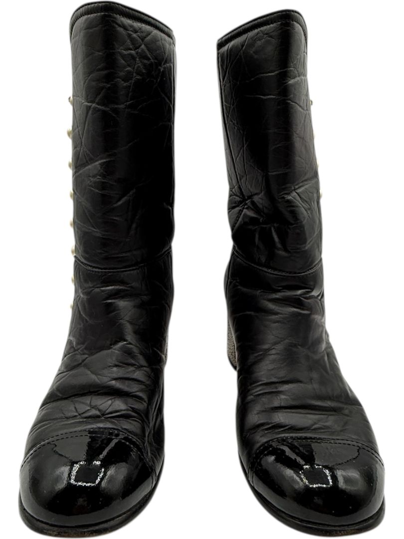 Chanel Black Leather & Patent Cap Toe Boots with Pearl Button Detail – Size 41