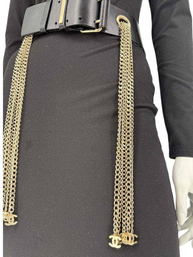 Chanel Spring 2008 Black Leather Gold Chain Accent Belt – Size 90/36