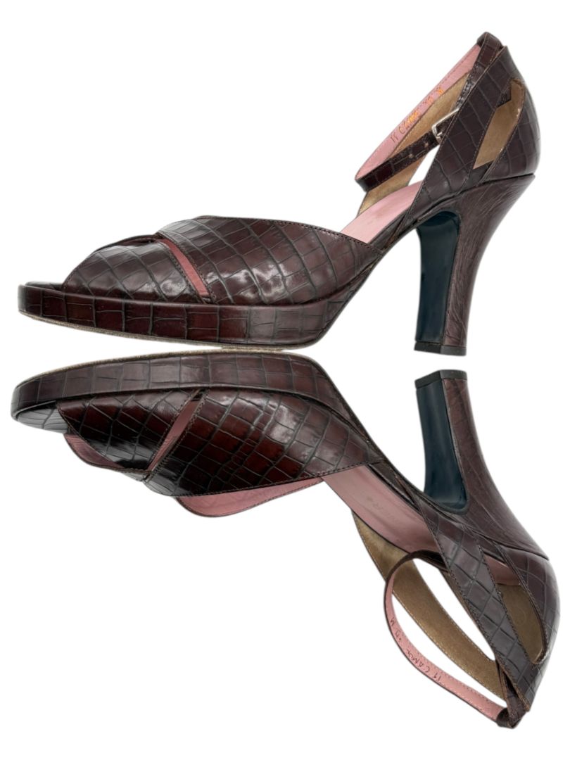 Donald J Pliner Couture Brown Embossed Leather Peep-Toe Heels – Size 10