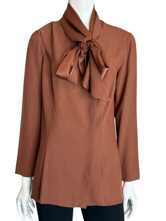 Pamella Roland Rust Silk Crepe Tie-Neck Blouse – Large