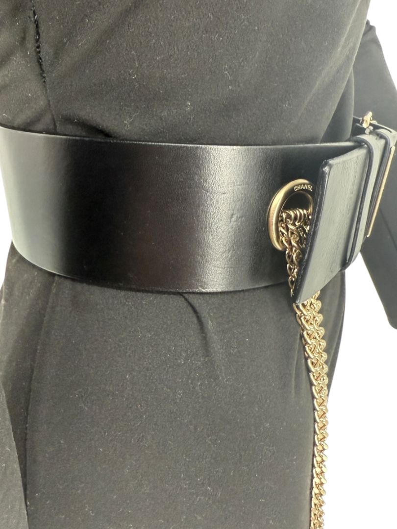 Chanel Spring 2008 Black Leather Gold Chain Accent Belt – Size 90/36