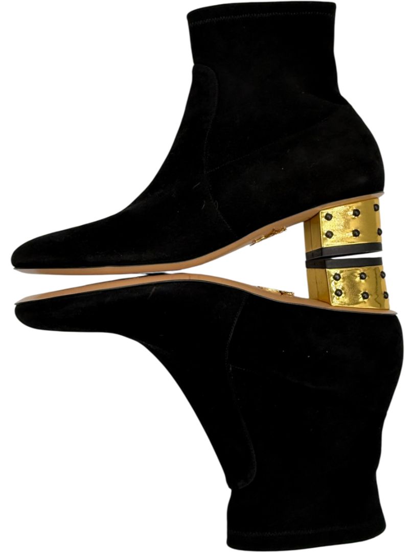 Charlotte Olympia Black Suede Ankle Booties with Studded Gold Heels – Size 39