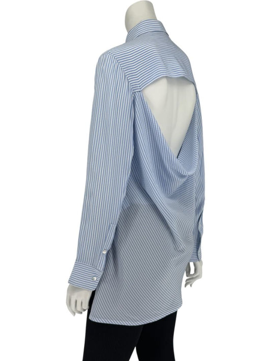 Valentino Blue & White Striped Silk Blouse with Draped Back – Size US 8