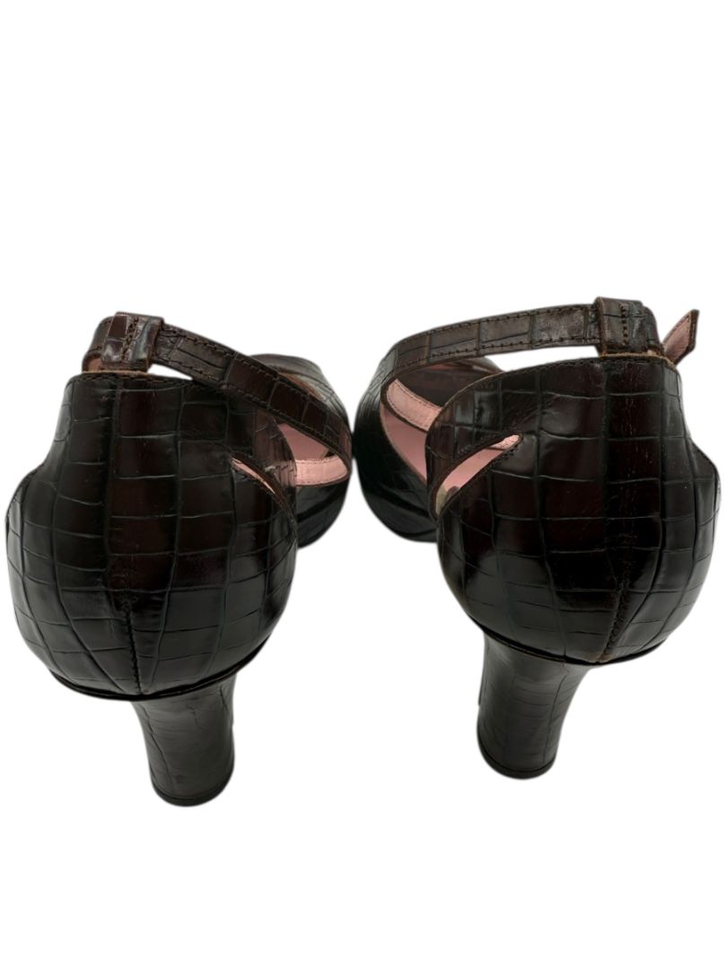 Donald J Pliner Couture Brown Embossed Leather Peep-Toe Heels – Size 10