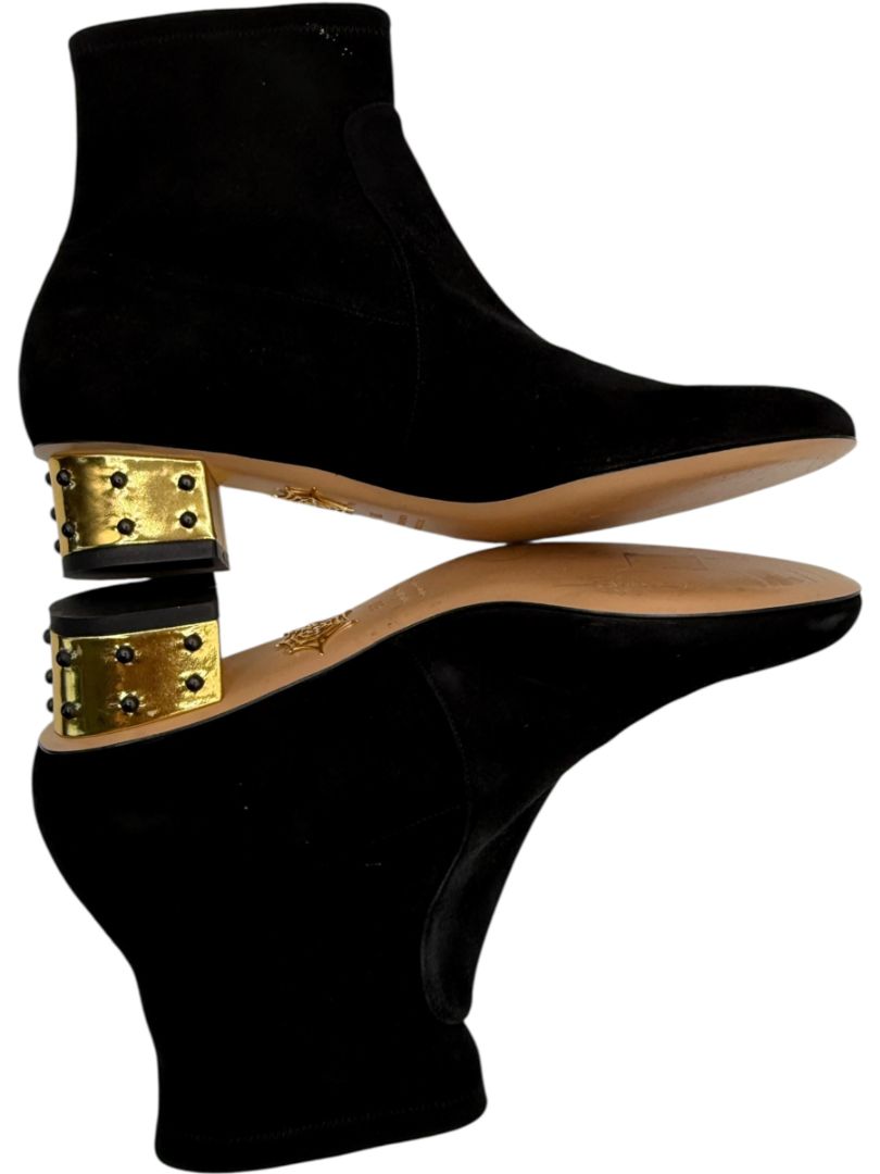 Charlotte Olympia Black Suede Ankle Booties with Studded Gold Heels – Size 39