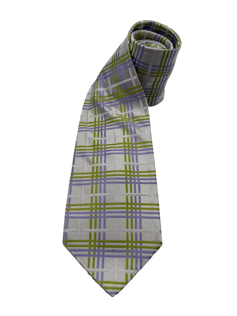 Ted Baker London Silk Necktie in Ivory, Lilac & Chartreuse Plaid – Excellent Pre-Owned Condition