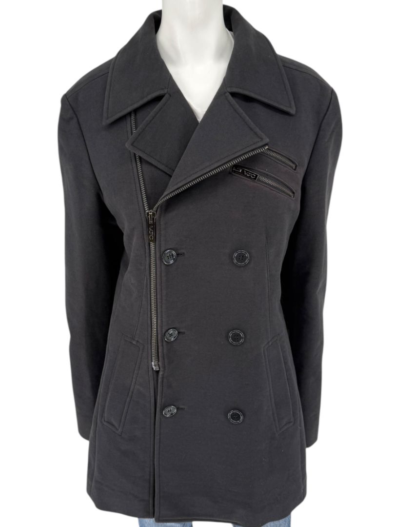 VJC Black Double-Breasted Asymmetric Zip Coat – Size 50