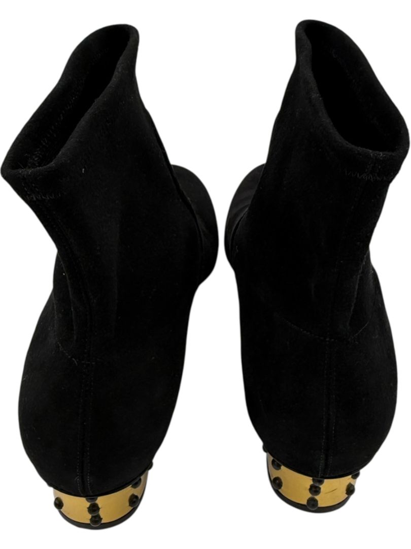 Charlotte Olympia Black Suede Ankle Booties with Studded Gold Heels – Size 39