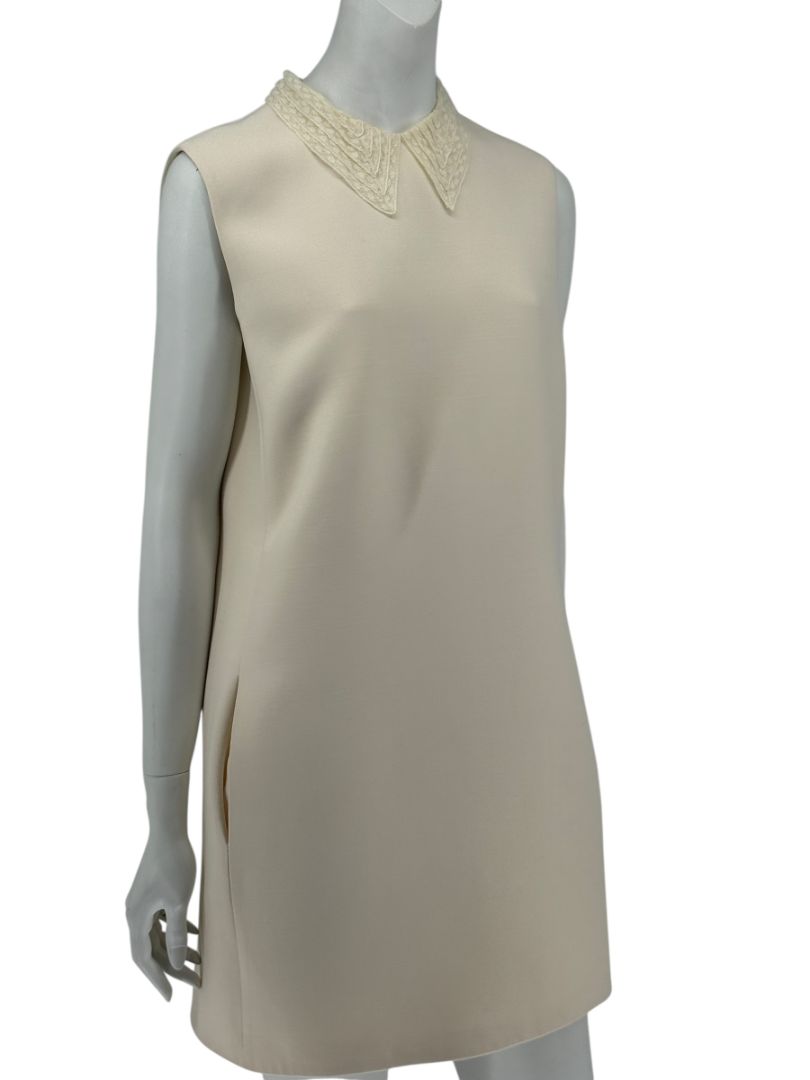 Christian Dior Ivory Wool Silk Blend Crepe Shift Mini Dress- Collared, Sleeveless Size 42/10