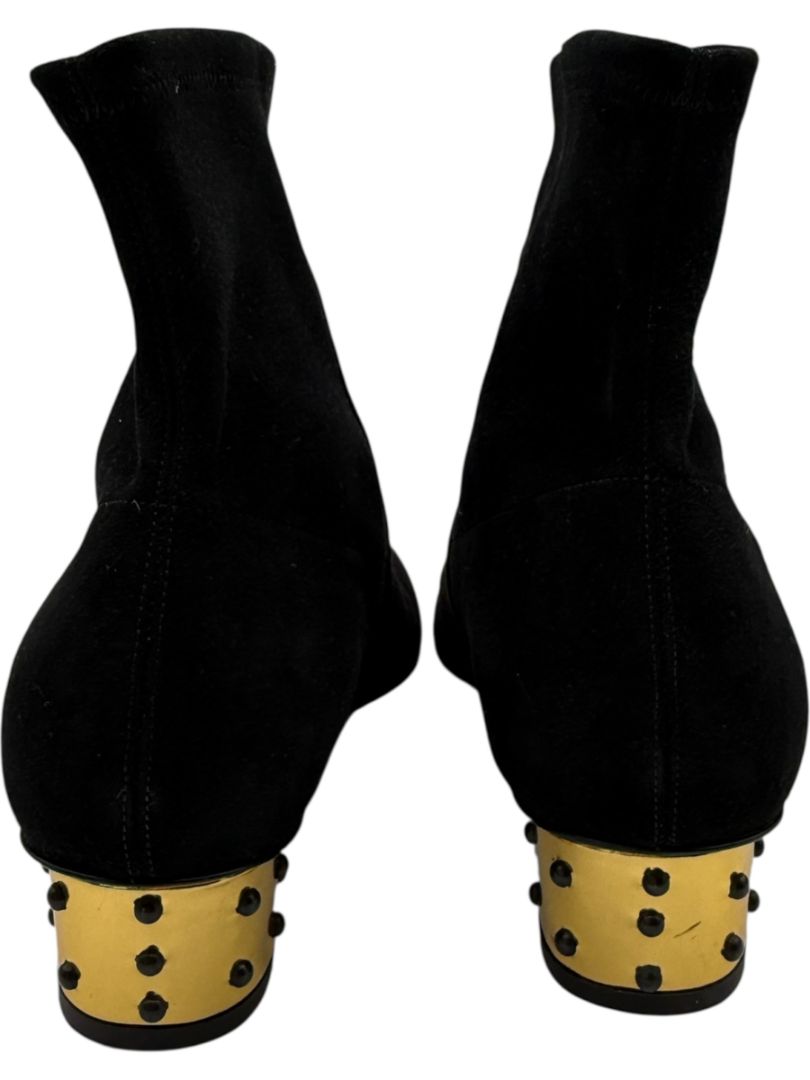 Charlotte Olympia Black Suede Ankle Booties with Studded Gold Heels – Size 39